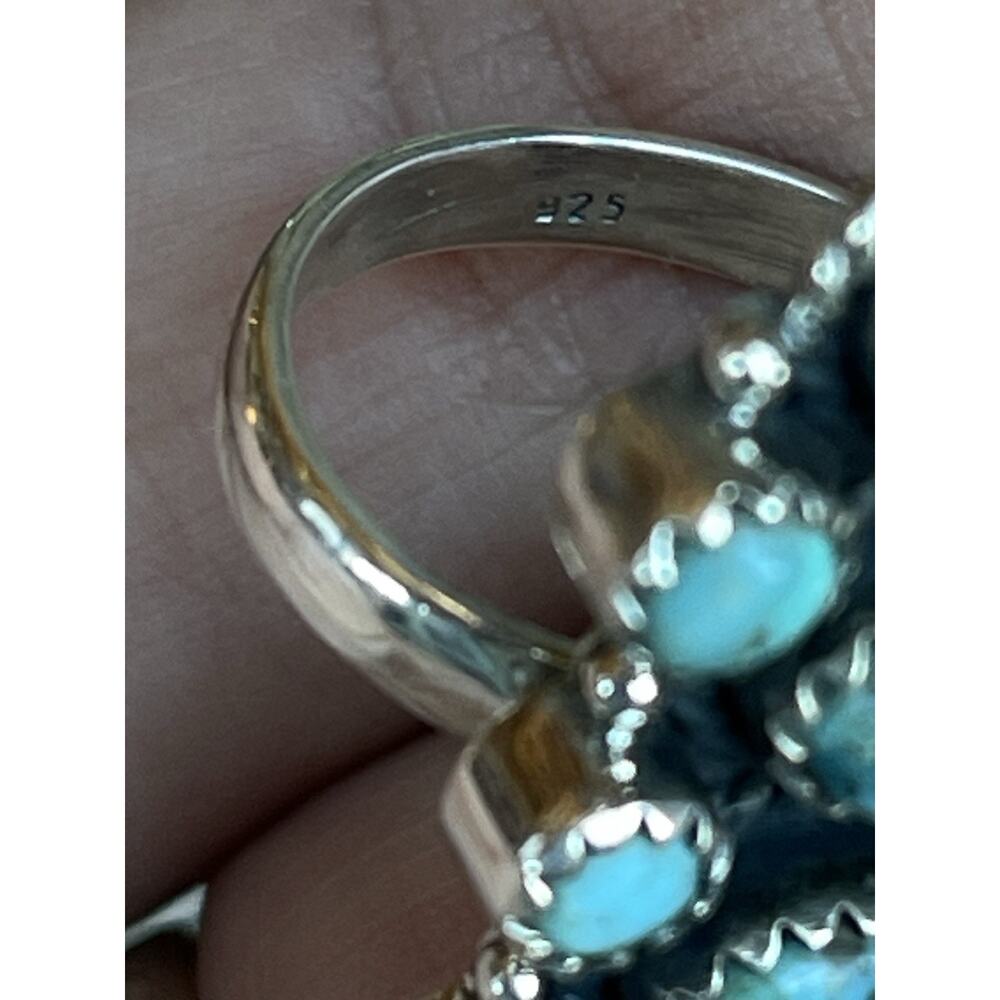 Turquoise Cluster Ring Sterling Silver Native Style Southwest Long Adjustable - Picture 7 of 10